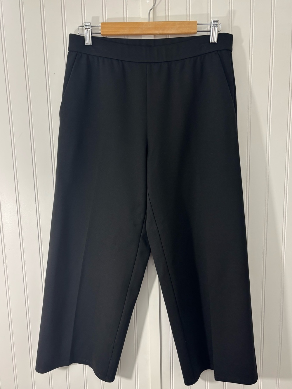 Eileen Fisher Black Wide Leg Cropped Pants Pull On Structured Stretch Trouser S